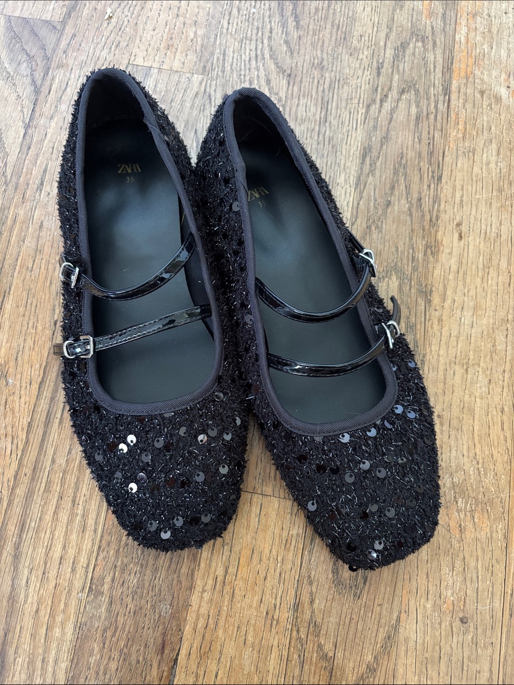 ZARA Black Sequin Double-Strap Mary Jane Flats